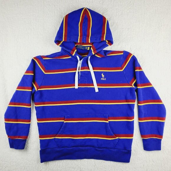 Polo Ralph Lauren Hoodie Large Men's Fleece Lined Pullover Multicolor Striped - Picture 1 of 12